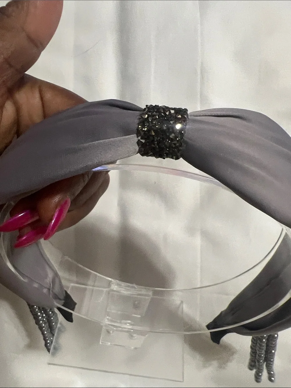 Embellished Gray Satin Headband with Pearl Tassels